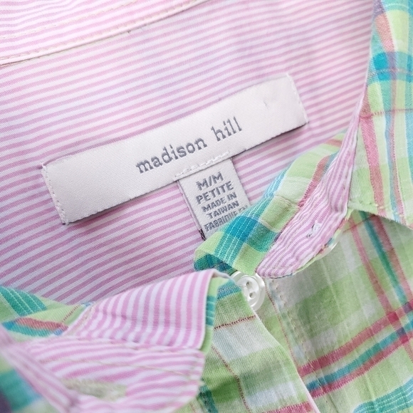 Madison Hill Green Pink Plaid Casual Button Down Shirt Sz Medium Petite - Picture 8 of 12